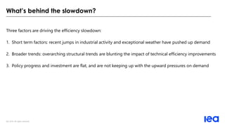 IEA 2019. All rights reserved.
What’s behind the slowdown?
Three factors are driving the efficiency slowdown:
1. Short ter...
