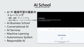 • AI や 機械学習の最新の
トレーニング
• 概要・基礎・チュートリアル
• 自分に適した、トレーニングコースの作成
• AI Business School
• Conversational AI
• AI Services
• Machine Learning
• Autonomous System
• Responsible AI
aischool.microsoft.com
 