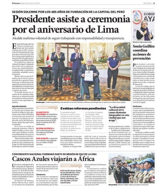 2 Sábado 18 de enero de 2020 El Peruano
POLÍTICA
Operación. En Lima, se incluyó a más de 15 distritos.
SE COLOCÓ EN SITIOS PROHIBIDOS
JNEverificaretiro
depropaganda
ElJuradoNacionaldeElec-
ciones (JNE) verificó la
ejecución de operativos, en
todo el país para retirar pro-
paganda electoral instalada
enlugaresnoautorizados,en
el contexto de los comicios
congresales extraordinarias
2020.
Lajornada,queimpulsóla
DirecciónNacionaldeFiscali-
zaciónyProcesosElectorales,
formó parte de las acciones
queseefectúanenelterritorio
patrioconelfindevelarporel
cumplimientodelasnormas.
EnelcasodeLimaMetro-
politana,incluyóamásde15
distritos,entreellosJesúsMa-
ría,LosOlivos,Ate,Surquillo,
Miraflores, San Luis, La Vic-
toria, San Borja, San Martín,
Surco,VillaMaríadelTriunfoy
SanJuandeLurigancho.
Solo en Jesús María, el
equipo del JNE contabilizó
más de 60 paneles y carteles
de candidatos y organiza-
ciones políticas instalados
en zonas rígidas, lo que está
prohibido,deacuerdoconuna
ordenanzamunicipal.
SHACK A FUTUROS LEGISLADORES
Pidenfortalecer
alaContraloría
Unaexhortaciónaloscan-
didatosqueseanelegidos
duranteloscomicioscongre-
sales extraordinarios 2020,
para que impulsen las refor-
masenelSistemaNacionalde
ControlyenelSistemadeJus-
ticia,puessonindispensables
paraconseguirresultadosen
laluchaanticorrupciónyenel
controldelgastopúblico,hizo
elcontralorNelsonShack.
DurantelaJornadadeCa-
pacitación para Postulantes
al Congreso de la República,
adelantó que la Contralo-
ría insistirá en restablecer
su capacidad sancionadora
mediante un proyecto de ley
que se presentará al nuevo
Parlamento, así como otras
propuestas para fortalecer
lalaborinstitucional.
Entre las iniciativas figu-
ran los proyectos para facili-
tar acciones del proceso de
fortalecimiento del Sistema
Nacional de Control y ex-
tender el modelo del control
concurrenteyparahacerobli-
gatoria la declaración jurada
deinteresesyotras.
PCM APRUEBA NUEVA VERSIÓN DEL LIBRO DE QUEJAS DE ENTIDADES PÚBLICAS
Mejorarágestióndelosreclamos
El Ejecutivo crea también el Sistema Nacional de Transformación Digital y el Marco de Confianza Digital.
La Presidencia del Con-
sejodeMinistros(PCM)
aprobómedianteelDe-
creto Supremo N° 07-2020-
PCMelnuevosistemadeges-
tióndequejas,queademásde
presentarunamodernaymás
amigableversiónfísicaydigi-
taldelLibrodeReclamaciones
delasentidadespúblicas,per-
mitirá al ciudadano efectuar
un seguimiento a su trámite
yobtenerunarespuestaefec-
tivaeinmediata.
Así,estesistemadegestión
posibilita que el usuario ob-
tengaunarespuestasobresu
reclamoenunplazomáximo
de 30 días. Brinda también
al Estado la información ne-
cesaria y de primera fuente
sobre la calidad de sus servi-
cios;además,facilitalaidenti-
ficacióndeoportunidadesde
mejoraparalagestiónpública.
Inmediatez
El sistema es de aplicación
obligatoriayprogresivapara
todaslasentidadesdelEstado,
conformeloseñalaeldecreto
supremopublicadoenlasNor-
masLegalesdelDiarioOficial
ElPeruano.
En la actualidad se desa-
rrolla la herramienta infor-
máticadesoportealLibrode
Reclamaciones virtual, me-
diante la cual los peruanos
podrán hacer un seguimien-
toalaatencióndesusquejas,
proceso que supervisará la
PCM para asegurar que las
Trámite. Nuevo sistema de gestión permite que el usuario obtenga una respuesta sobre su reclamo en un plazo máximo de 30 días.
Mayorcompromiso
El Bicentenario de la
Independencia del Perú
es la oportunidad para
despertar un mayor
compromiso con el país
que queremos construir,
sostuvo el jefe del Gabinete,
Vicente Zeballos Salinas, en
el Tercer Congreso Nacional
de Profesionales del Perú
2020. “El bicentenario no es
una efeméride cualquiera.
Junto con la circunstancia
histórica podemos dar un
paso trascendental para
dejar huella en valores”.
“Como país, tomamos la
decisión de aprovechar los
beneficios de la tecnología
en favor de la población. Ello
implica que no solo el Estado
debe enfocar esfuerzos en la
transformación digital, sino
que también este camino se
debe construir junto con el
sector privado”, indicó la se-
cretariadeGobiernoDigitalde
laPCM,MarushkaChocobar.
ciaN°007-2020,queaprueba
elMarcodeConfianzaDigital.
Lasnormasbuscanacele-
rarelusodelastecnologíasa
fin de garantizar el logro de
losobjetivosdelpaísyestable-
cerrutasdecooperacióncon
elsectorprivado,laacademia
ylasociedadparalatransfor-
macióndigitalylaprotección
delciudadanoantelosriesgos
enelentornodigital.
entidades cumplan con una
atenciónefectiva.
Digital
LaPCMinformótambiénque
conelobjetivodeimpulsarla
economíadigitalylacompeti-
tividadenelpaíssepromulga-
ronelDecretodeUrgenciaN°
006-2020,quecreaelSistema
Nacional de Transformación
Digital,yelDecretodeUrgen-
RUTA
MARUSHKACHOCOBAR
MANIFESTÓ que los
decretos de urgencia
en materia digital
definen una sólida ruta
que comprometen a
los sectores público y
privado en el avance
tecnológico del Perú con
un enfoque centrado en los
ciudadanos.
“POR ELLO, LA PCM
lanzó una convocatoria
inmediata a empresas
privadas y ciudadanos para
cocrear los reglamentos de
las normas y la respuesta
fue positiva”.
EN LA PRIMERA sesión
de cocreación participaron
empresas de diversos
rubros e instituciones
de la sociedad, reveló la
funcionaria.
MULTAS
● La especialista del JNE,
Liz Barrera Rivas, informó
que le toca a los gobiernos
locales imponer las
multas por los hechos.
● Invocó a las
agrupaciones políticas
que respeten las normas
que prohíben instalar
propaganda electoral en
espacios públicos.
 