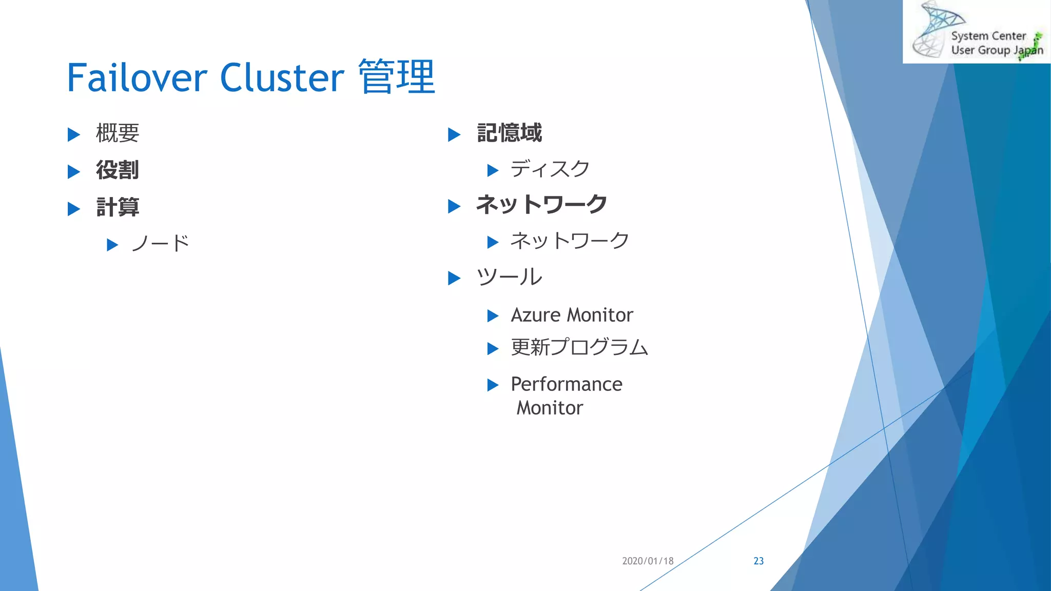 Failover Cluster 管理
 概要
 役割
 計算
 ノード
 記憶域
 ディスク
 ネットワーク
 ネットワーク
 ツール
 Azure Monitor
 更新プログラム
 Performance
Monitor
2020/01/18 23
 