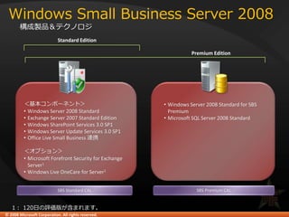 © 2008 Microsoft Corporation. All rights reserved.
Windows Small Business Server 2008
• Windows Server 2008 Standard for S...