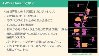 @ARS Meeting (20020/01/20)
AWS Re:InventȤϣ
AWSΡѧ͡ե
? 2019121?126
? 饹٥ΣϤΥۥƥ᳡ˤ
? 65,000Ϥβμ
? ձ1,700Ϥημ (TISʮ)
? }λ{vݤ3,000ϤΥå
Nϥ󥺥
? ѩ`ȥʩ`٥`IʤEXPO֩`
? Τۤˤͥåȥ`󥰥ѩ`ƥ`ʤ
NΥ٥Ȥ
 