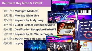 @ARS Meeting (20020/01/20)
Re:Invent Key Note & EVENT
1()ҹMidnight Madness
2()ҹMonday Night Live
3()Keynote by Andy Jassy
4(ˮ)Global Partner Summit Keynote
4(ˮ)ҹCertification Reception/FinJAWS
5(ľ)Keynote by Dr. Werner Vogels
5(ľ)ϦJAPAN Wrap-up Session
6(ľ)ҹre:play
 