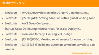 @ARS Meeting (20020/01/20)
vå
? Breakouts : [MOB309]Developserverless GraphQL architectures...
? Breakouts : [FSI202]AXA: Scaling adoption with a global landing zone
? Breakouts : AWS Deep Composer:...
? Startup Talks: Optimizing microservices for scale: Deployin...
? Breakouts : From one tomany: Evolving VPC design
? Breakouts : [FSI306]HSBC: Meeting requirements for open banking...
? Breakouts : [GPSTEC343]Build and automate amodern serverless data
lake on...
 