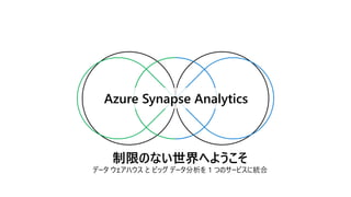制限のない世界へようこそ
データ ウェアハウス と ビッグ データ分析を 1 つのサービスに統合
Azure Synapse Analytics
 