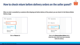 How to check return before delivery orders on the seller panel?
Note - This is illustrative not exhaustive
When an order is cancelled by a customer after shipping and before delivery of the product, you can check it in the Returns Before
Delivery stage
Click on Returns tab Click on the Returns before delivery tab to
check the orders which have been cancelled
before the delivery
 