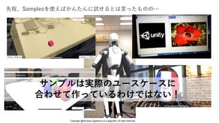 先程、Samplesを使えばかんたんに試せるとは言ったものの…
サンプルは実際のユースケースに
合わせて作っているわけではない！
Copyright @Hirokazu Egashira a.k.a eegozilla. All right reserved.
 