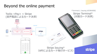 Beyond the online payment
Stripe Terminal*
(対面カード決済)
Stripe Issuing*
（APIによるカード発行サービス）
Twilio <Pay> + Stripe
(音声電話によるカード決済）
*Terminal と Issuing は日本未対応
 