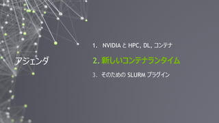 16
Follow us on Twitter: @NVIDIAAIJPSlurm User Group Meetup Tokyo #SUGMT
アジェンダ
1. NVIDIA と HPC, DL, コンテナ
2. 新しいコンテナランタイム
3. そのための SLURM プラグイン
 