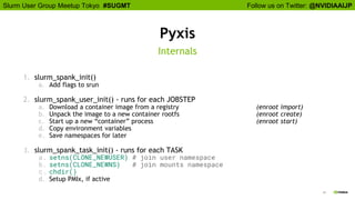 Follow us on Twitter: @NVIDIAAIJPSlurm User Group Meetup Tokyo #SUGMT
24
Pyxis
1. slurm_spank_init()
a. Add flags to srun
2. slurm_spank_user_init() - runs for each JOBSTEP
a. Download a container image from a registry (enroot import)
b. Unpack the image to a new container rootfs (enroot create)
c. Start up a new “container” process (enroot start)
d. Copy environment variables
e. Save namespaces for later
3. slurm_spank_task_init() - runs for each TASK
a. setns(CLONE_NEWUSER) # join user namespace
b. setns(CLONE_NEWNS) # join mounts namespace
c. chdir()
d. Setup PMIx, if active
Internals
 