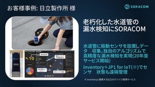 お客様事例: 日立製作所 様
水道管に振動センサを設置しデー
タ 収集。独自のアルゴリズムで
高精度な漏水検知を実現(20年度
サービス開始)
Inventory＋JP1 for IoT(※)でセ
ンサ 状態も遠隔管理
老朽化した水道管の
漏水検知にSORACOM
※ Inventoryと連携する日立のデバイス管理サービス
監視画面(例)
選択したセンサ
の情報を表示
漏水検知した
センサー
漏水スコアの推移
○○市水道局 漏水監視
漏水発生数
 