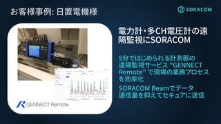 お客様事例: 日置電機様
5分ではじめられる計測器の
遠隔監視サービス “GENNECT
Remote” で現場の業務プロセス
を効率化
SORACOM Beamでデータ
通信量を抑えてセキュアに送信
電力計・多CH電圧計の遠
隔監視にSORACOM
 