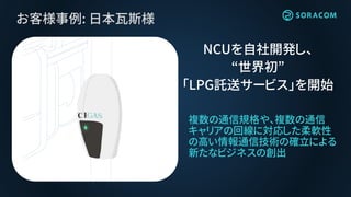 お客様事例: 日本瓦斯様
複数の通信規格や、複数の通信
キャリアの回線に対応した柔軟性
の高い情報通信技術の確立による
新たなビジネスの創出
NCUを自社開発し、
“世界初”
「LPG託送サービス」を開始
 