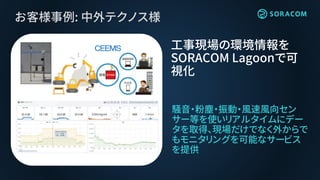 お客様事例: 中外テクノス様
騒音・粉塵・振動・風速風向セン
サー等を使いリアルタイムにデー
タを取得、現場だけでなく外からで
もモニタリングを可能なサービス
を提供
工事現場の環境情報を
SORACOM Lagoonで可
視化
 