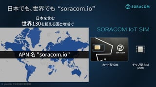 日本でも、世界でも “soracom.io”
日本を含む
世界130を超える国と地域で
APN 名 "soracom.io"
カード型 SIM チップ型 SIM
(eSIM)
SORACOM IoT SIM
※ plan01s での利用可能地域
 