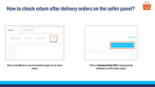 How to check return after delivery orders on the seller panel?
Click on the All tab to view the detailed stages for all return
orders
Click on Download Order CSV to download the
detailed csv of the return orders
 