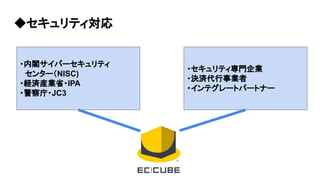 ◆セキュリティ対応
・内閣サイバーセキュリティ
　センター（NISC)
・経済産業省・IPA
・警察庁・JC3
・セキュリティ専門企業
・決済代行事業者
・インテグレートパートナー
 