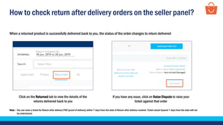 How to check return after delivery orders on the seller panel?
When a returned product is successfully delivered back to you, the status of the order changes to return delivered
Note – You can raise a ticket for Return after delivery POD (proof of delivery) within 7 days from the date of Return after delivery marked. Ticket raised beyond 7 days from the date will not
be entertained.
Click on the Returned tab to view the details of the
returns delivered back to you
If you have any issue, click on Raise Dispute to raise your
ticket against that order
 