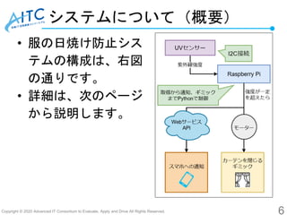 Copyright © 2020 Advanced IT Consortium to Evaluate, Apply and Drive All Rights Reserved.
システムについて（概要）
• 服の日焼け防止シス
テムの構成は、...
