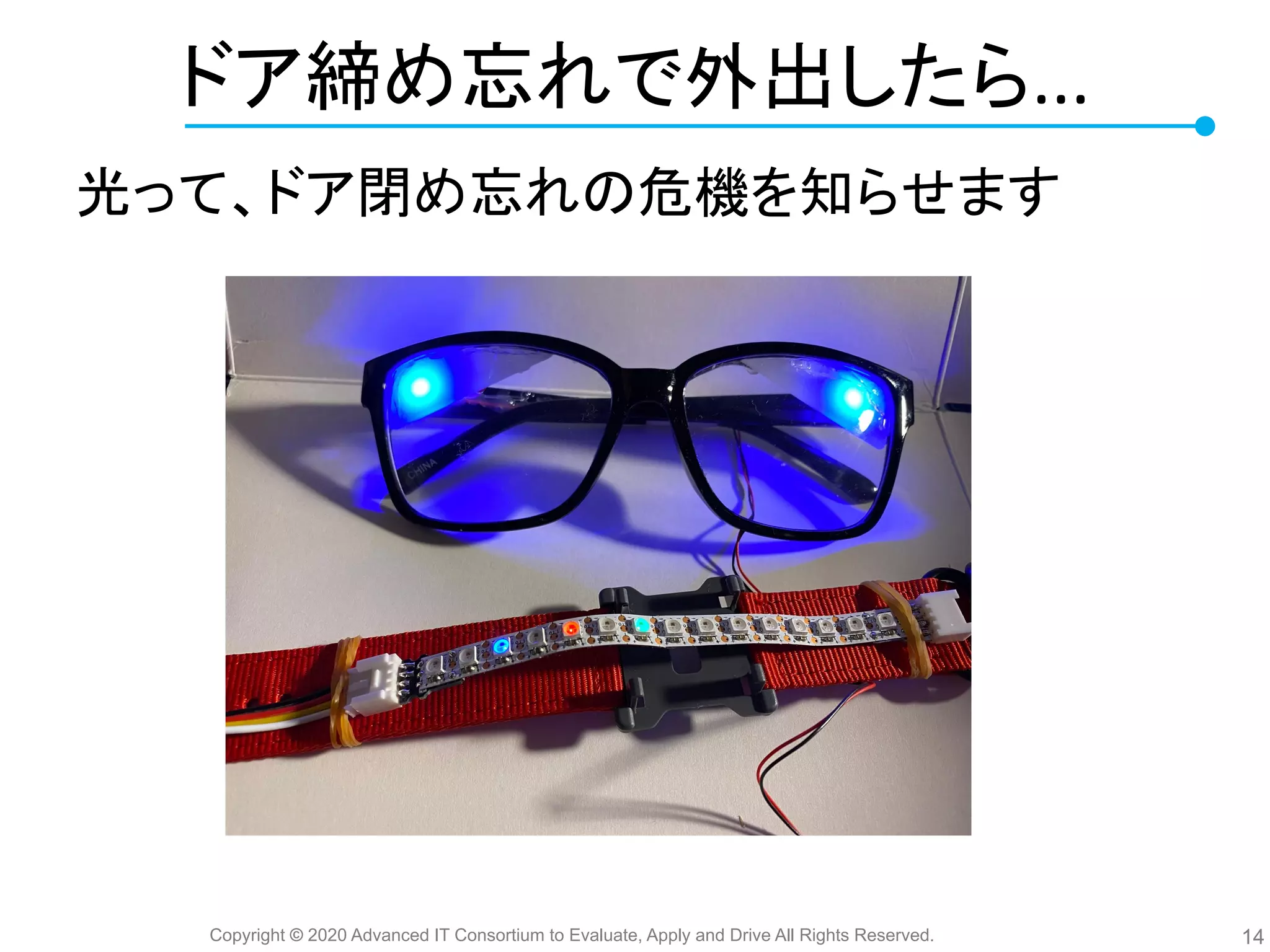 Copyright © 2020 Advanced IT Consortium to Evaluate, Apply and Drive All Rights Reserved.
ドア締め忘れで外出したら...
光って、ドア閉め忘れ 危機を知らせます
14
 