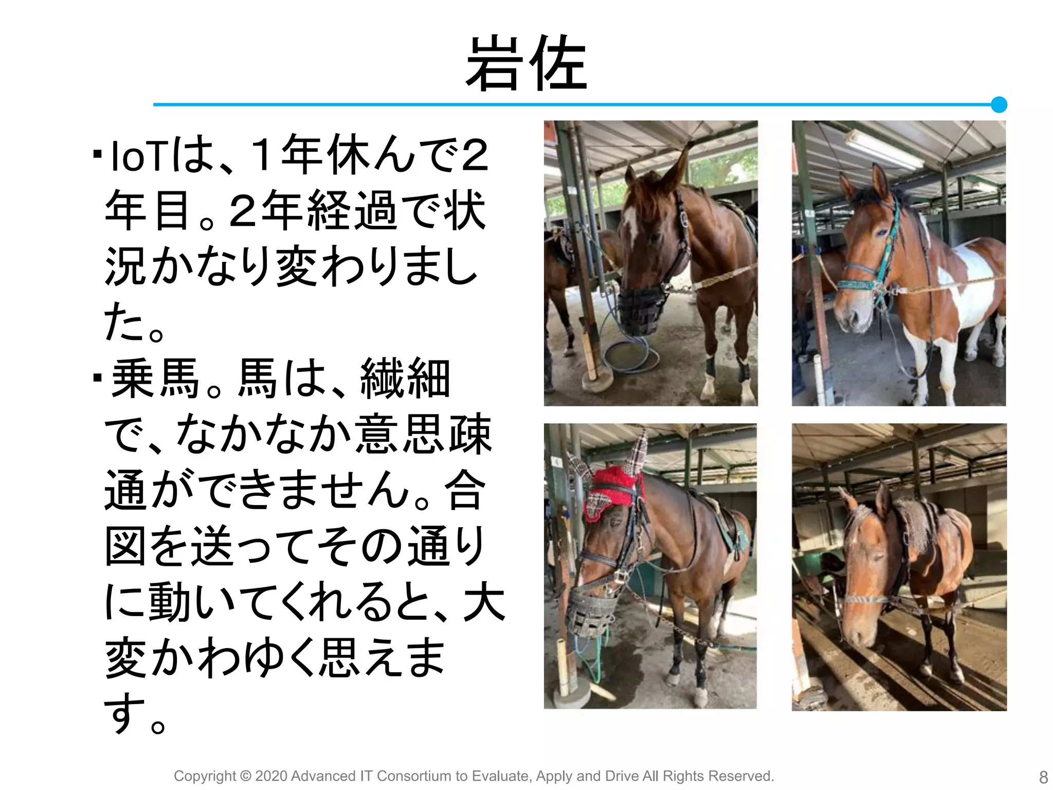 Copyright © 2020 Advanced IT Consortium to Evaluate, Apply and Drive All Rights Reserved.
岩佐
・IoT 、１年休んで２
年目。２年経過で状
況かなり変わりまし
た。
・乗馬。馬 、繊細
で、なかなか意思疎
通ができません。合
図を送ってそ 通り
に動いてくれると、大
変かわゆく思えま
す。
8
 