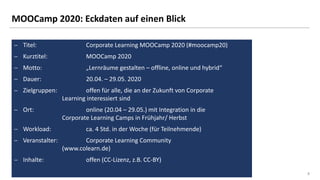 88
MOOCamp 2020: Eckdaten auf einen Blick
− Titel: Corporate Learning MOOCamp 2020 (#moocamp20)
− Kurztitel: MOOCamp 2020
− Motto: „Lernräume gestalten – offline, online und hybrid“
− Dauer: 20.04. – 29.05. 2020
− Zielgruppen: offen für alle, die an der Zukunft von Corporate
Learning interessiert sind
− Ort: online (20.04 – 29.05.) mit Integration in die
Corporate Learning Camps in Frühjahr/ Herbst
− Workload: ca. 4 Std. in der Woche (für Teilnehmende)
− Veranstalter: Corporate Learning Community
(www.colearn.de)
− Inhalte: offen (CC-Lizenz, z.B. CC-BY)
 