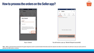 HowtoprocesstheordersontheSellerapp?
Tap on ‘Submit’
Note – AWB is a document that accompanies the goods shipped by courier to provide detailed information about the shipment and allow it to be tracked. You will have to ask your courier partner to
generate the AWB number in advance
You will receive a pop-up, ‘Marked Shipped successfully’
 