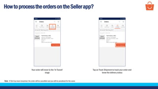 HowtoprocesstheordersontheSellerapp?
Your order will move to the ‘In Transit’
stage
Note - If SLA has been breached, the order will be cancelled and you will be penalised for the same
Tap on Track Shipment to track your order and
know the delivery status
 