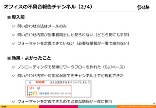 Copyright	(C)	2018	DeNA	Co.,Ltd.	All	Rights	Reserved.
■導⼊前	
✓ 問い合わせ⽅法はメールのみ	
✓ 問い合わせ内容が当事者同⼠しか⾒られない（どちら側にも⼿間）	
✓ フォーマットを定義できていない（必要な情報が⼀度で揃わない）	
■効果・よかったこと	
✓ ノンコーディングで簡単にワークフローを作れた（GUIベース）	
✓ 問い合わせ内容〜対応状況までをチャンネル上で可視化できた	
✓ フォーマットを定義できたので必要な情報が⼀度に揃う 13
オフィスの不具合報告チャンネル（2/4）
 