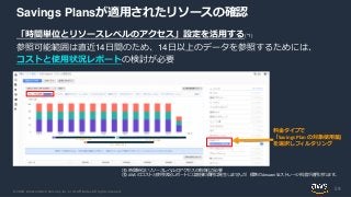 © 2020, Amazon Web Services, Inc. or its Affiliates. All rights reserved.
Savings Plansが適用されたリソースの確認
「時間単位とリソースレベルのアクセス」設定...
