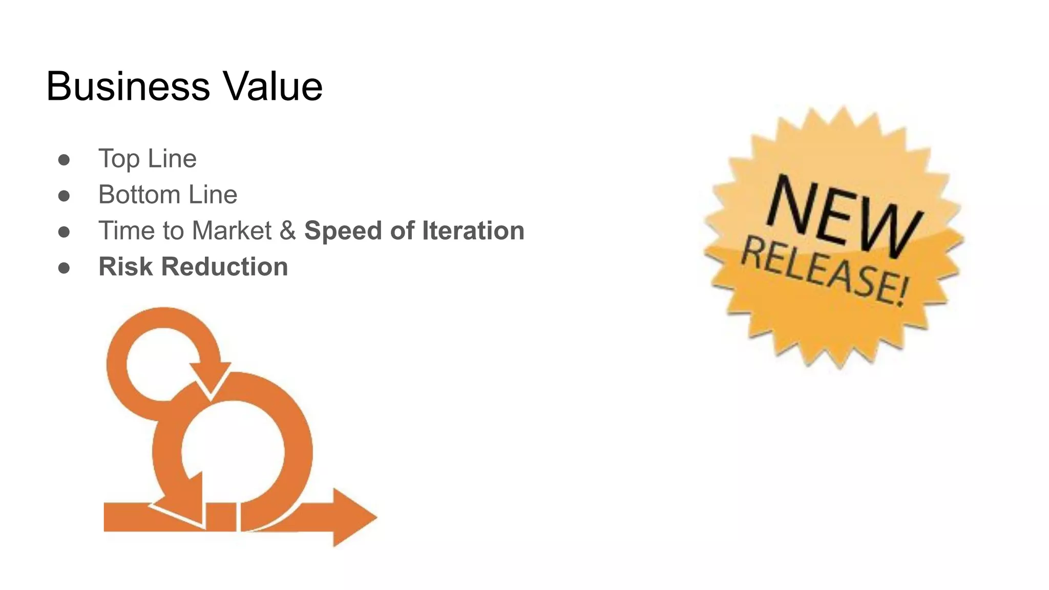 Business Value
● Top Line
● Bottom Line
● Time to Market & Speed of Iteration
● Risk Reduction
 