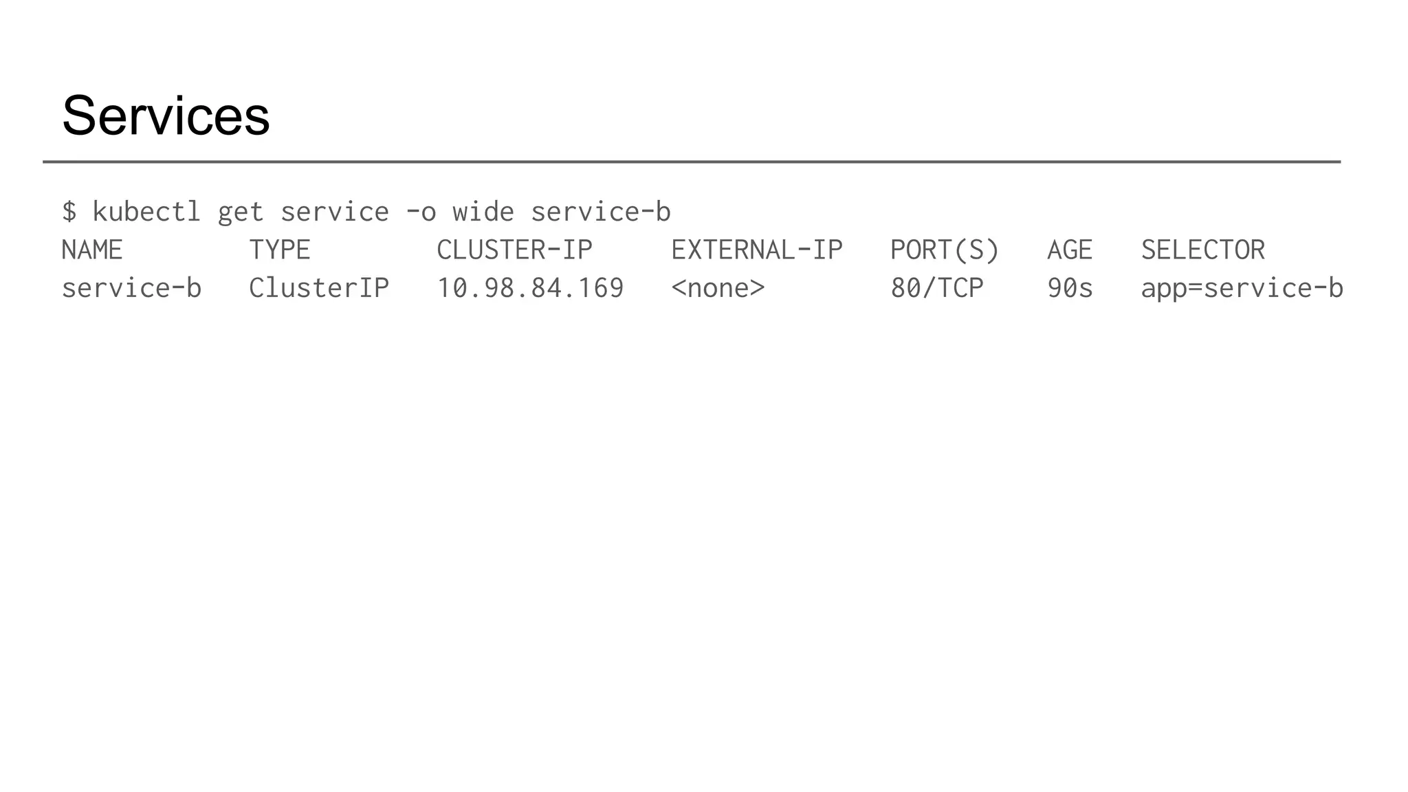 Services
$ kubectl get service -o wide service-b
NAME TYPE CLUSTER-IP EXTERNAL-IP PORT(S) AGE SELECTOR
service-b ClusterIP 10.98.84.169 <none> 80/TCP 90s app=service-b
 