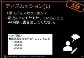 ディスカッション(1)
＜個人ディスカッション＞
• 最近あったモヤモヤしていることを、
A4用紙に書き出してください。
Copyright© POStudy - プロダクトオーナーシップ研究会. All rights reserved. 38
＜A4用紙＞
■最近あったモヤモヤしていること
・xxxxxx
・xxxxxx
・xxxxxx
 