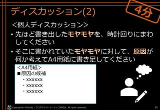 ディスカッション(2)
＜個人ディスカッション＞
• 先ほど書き出したモヤモヤを、時計回りにまわ
してください
• そこに書かれていたモヤモヤに対して、原因が
何か考えてA4用紙に書き足してください
Copyright© POStudy - プロダクトオーナーシップ研究会. All rights reserved. 39
＜A4用紙＞
■原因の候補
・xxxxxx
・xxxxxx
・xxxxxx
 