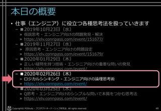本日の概要
• 仕事（エンジニア）に役立つ各種思考法を扱っていきます
– ■2019年10月23日（水）
» 仮説思考 - エンジニア向けの問題発見・解決
» https://elv.connpass.com/event/151677/
– ■2019年11月27日（水）
» 原因思考 - エンジニア向けの問題設定
» https://elv.connpass.com/event/151679/
– ■2020年01月29日（木）
» 正しい疑問を持つ技術 - エンジニア向けの重要な問いの発見
» https://elv.connpass.com/event/
– ■2020年02月26日（木）
» ロジカルシンキング - エンジニア向けの論理思考術
» https://elv.connpass.com/event/
– ■2020年03月25日（木）
» Q思考 - エンジニア向けのシンプルな問いで本質をつかむ思考法
» https://elv.connpass.com/event/
Copyright© POStudy - プロダクトオーナーシップ研究会. All rights reserved. 49
 