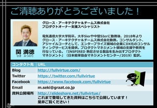 ご清聴ありがとうございました！
51
コンタクト先 URL
Blog http://fullvirtue.com/
Twitter https://twitter.com/fullvirtue
Facebook https://www.facebook.com/fullvirtue
Email m.seki@graat.co.jp
資料公開場所 http://slideshare.net/fullvirtue/
これまで登壇してきた資料はこちらで公開しています！
是非ご覧ください！
関 満徳
せき みつのり
グロース・アーキテクチャ＆チームス株式会社
プロダクトオーナー支援スペシャリスト
電気通信大学大学院卒。大手Sierや中堅SIerに勤務後、2018年より
グロース・アーキテクチャ＆チームス株式会社勤務。コンサルタント、
アジャイルコーチとして、エンタープライズ領域の企業にDX化のコンサル
ティングサービスを提供。プロダクトマネジメント領域の支援や教育を
行なっている。「INSPIRED 熱狂させる製品を生み出すプロダクト
マネジメント」（日本能率協会マネジメントセンター/2019）監訳。
 