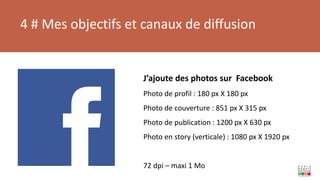 4 # Mes objectifs et canaux de diffusion
J’ajoute des photos sur Facebook
Photo de profil : 180 px X 180 px
Photo de couverture : 851 px X 315 px
Photo de publication : 1200 px X 630 px
Photo en story (verticale) : 1080 px X 1920 px
72 dpi – maxi 1 Mo
 