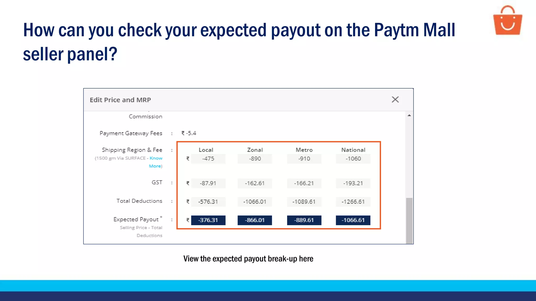 How can you check your expected payout on the Paytm Mall
seller panel?
View the expected payout break-up here
 