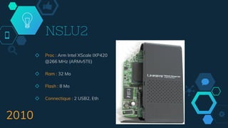 NSLU2
◇ Proc : Arm Intel XScale IXP420
@266 MHz (ARMv5TE)
◇ Ram : 32 Mo
◇ Flash : 8 Mo
◇ Connectique : 2 USB2, Eth
2010
 