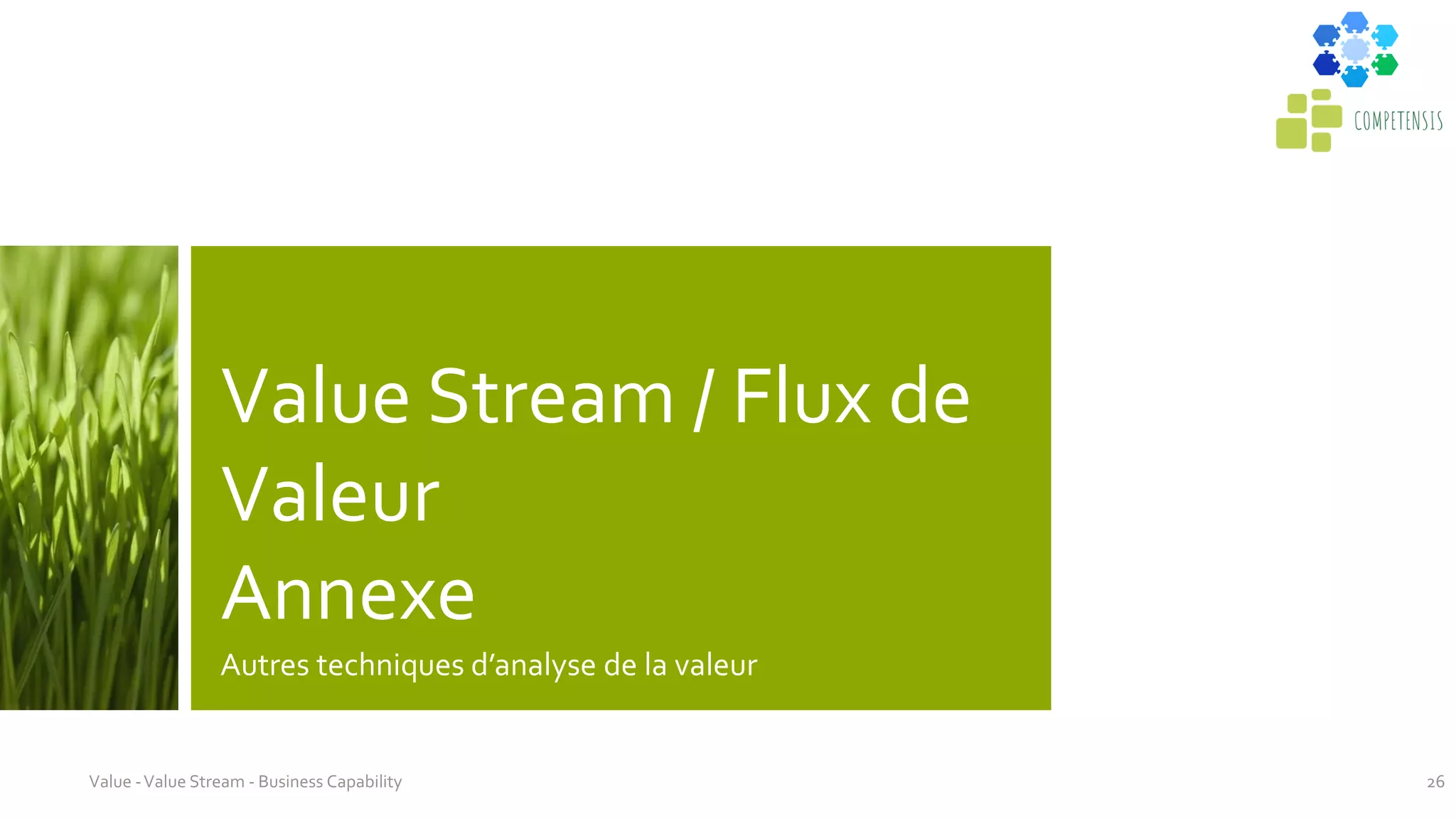 Value Stream / Flux de
Valeur
Annexe
Autres techniques d’analyse de la valeur
Value -Value Stream - Business Capability 26
 