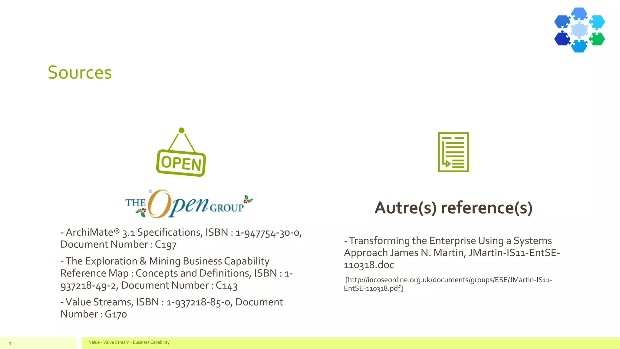 Sources
Value - Value Stream - Business Capability3
OPEN GROUP
- ArchiMate® 3.1 Specifications, ISBN : 1-947754-30-0,
Document Number : C197
-The Exploration & Mining Business Capability
Reference Map : Concepts and Definitions, ISBN : 1-
937218-49-2, Document Number : C143
-Value Streams, ISBN : 1-937218-85-0, Document
Number : G170
Autre(s) reference(s)
-Transforming the Enterprise Using a Systems
Approach James N. Martin, JMartin-IS11-EntSE-
110318.doc
[http://incoseonline.org.uk/documents/groups/ESE/JMartin-IS11-
EntSE-110318.pdf]
 
