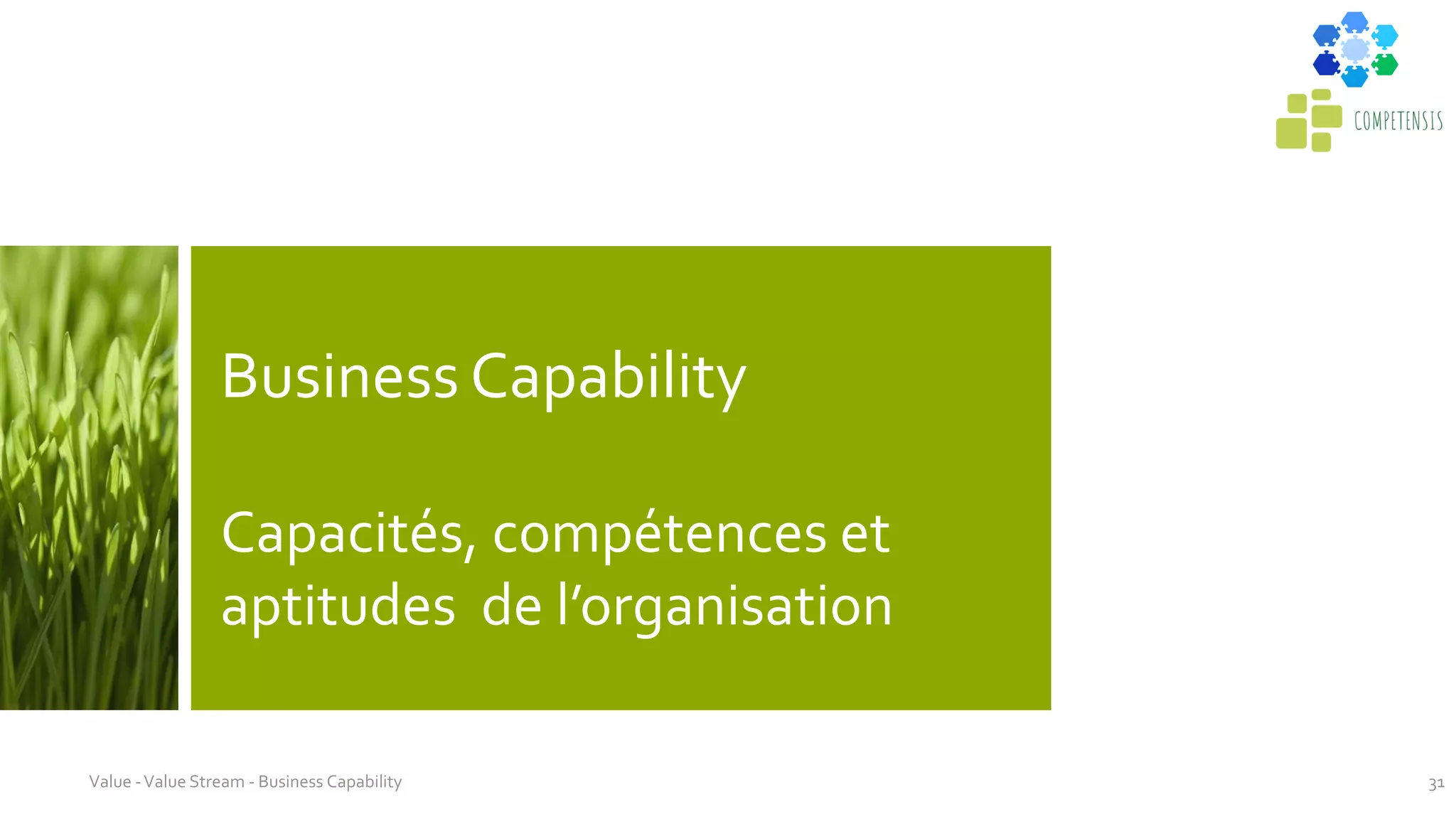 Business Capability
Capacités, compétences et
aptitudes de l’organisation
Value -Value Stream - Business Capability 31
 