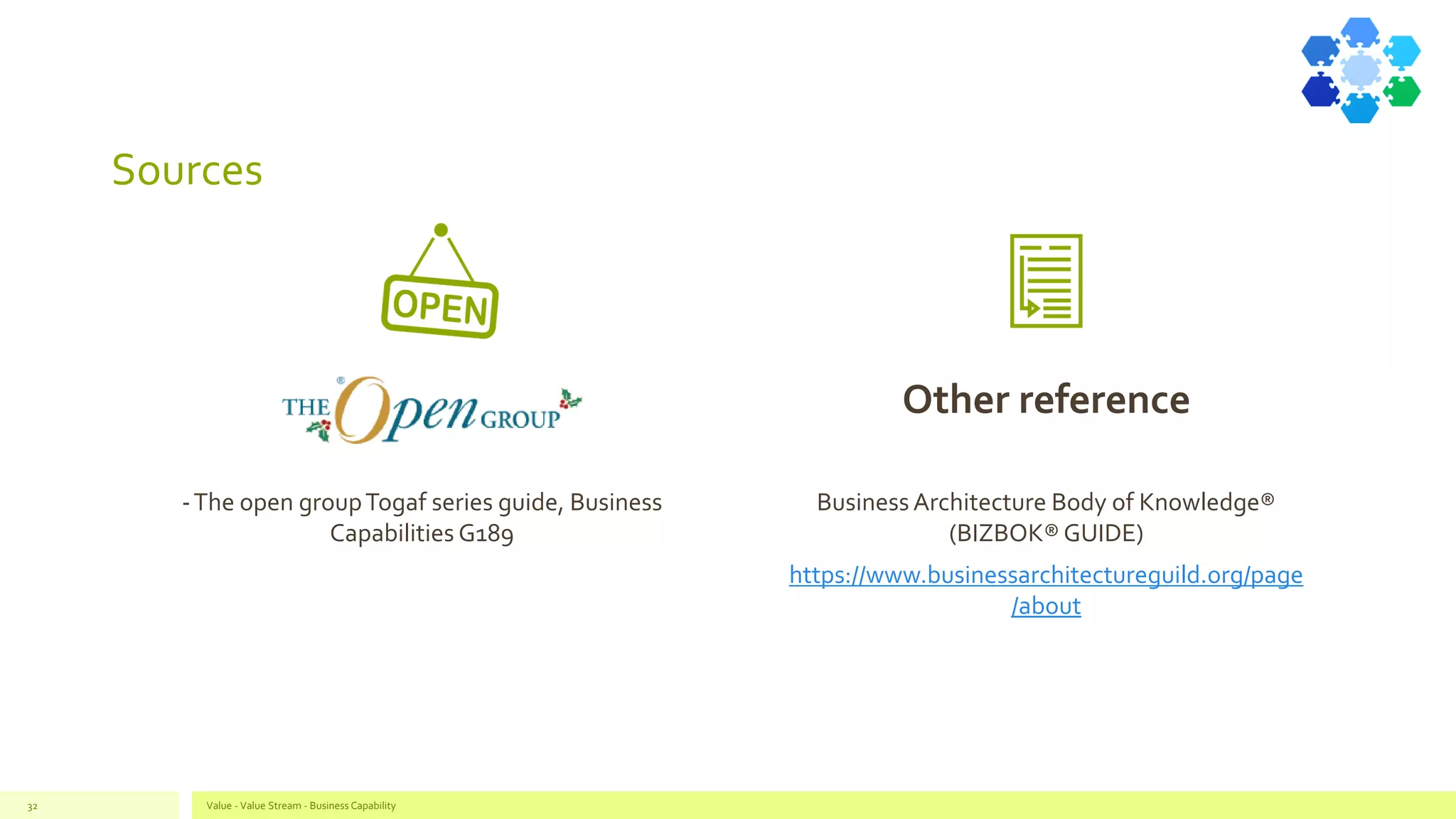 Sources
Value - Value Stream - Business Capability32
Other reference
-The open groupTogaf series guide, Business
Capabilities G189
Business Architecture Body of Knowledge®
(BIZBOK®GUIDE)
https://www.businessarchitectureguild.org/page
/about
 