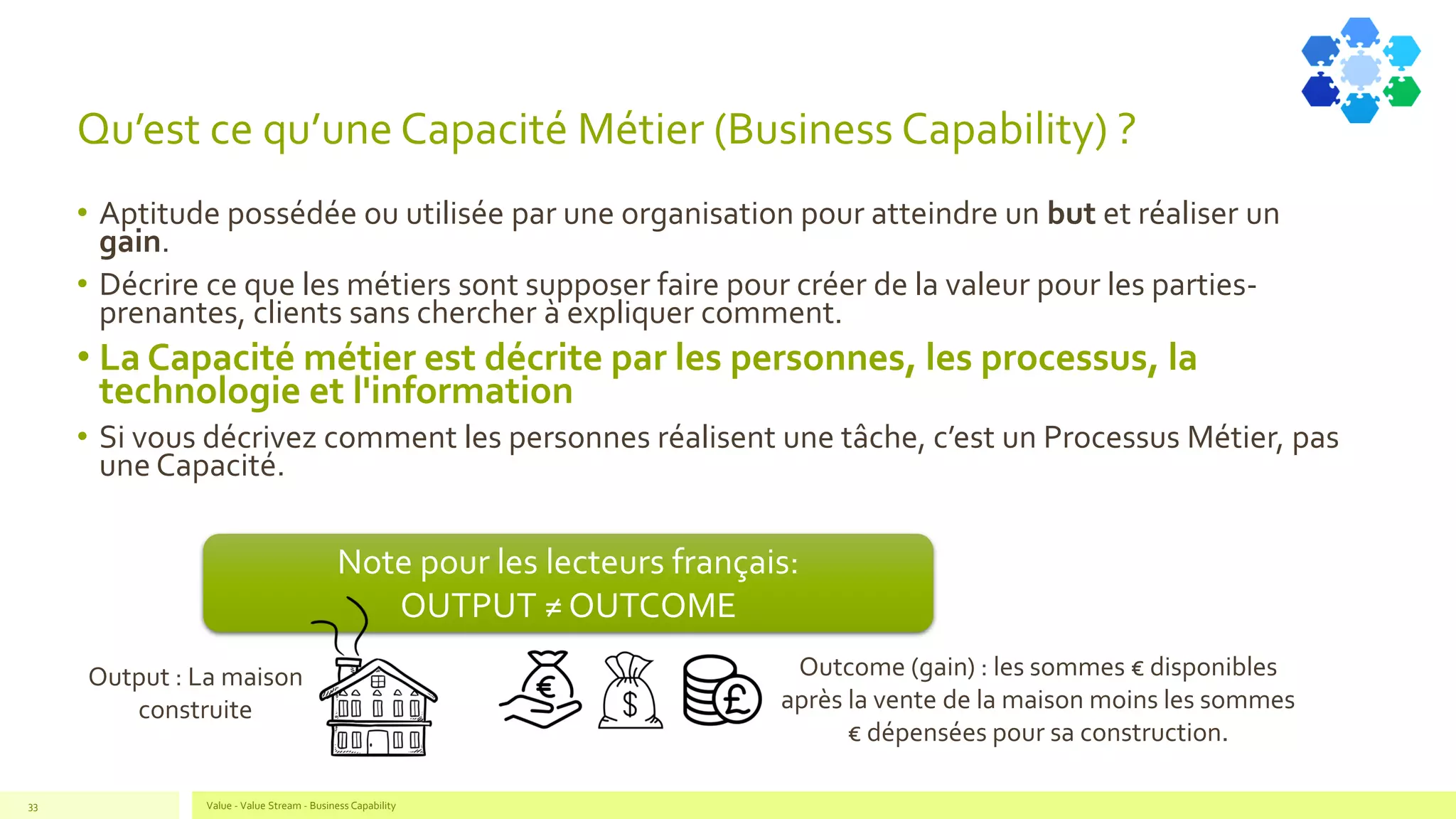 Qu’est ce qu’une Capacité Métier (Business Capability) ?
• Aptitude possédée ou utilisée par une organisation pour atteindre un but et réaliser un
gain.
• Décrire ce que les métiers sont supposer faire pour créer de la valeur pour les parties-
prenantes, clients sans chercher à expliquer comment.
• La Capacité métier est décrite par les personnes, les processus, la
technologie et l'information
• Si vous décrivez comment les personnes réalisent une tâche, c’est un Processus Métier, pas
une Capacité.
Value - Value Stream - Business Capability33
Note pour les lecteurs français:
OUTPUT ≠ OUTCOME
Output : La maison
construite
Outcome (gain) : les sommes € disponibles
après la vente de la maison moins les sommes
€ dépensées pour sa construction.
 