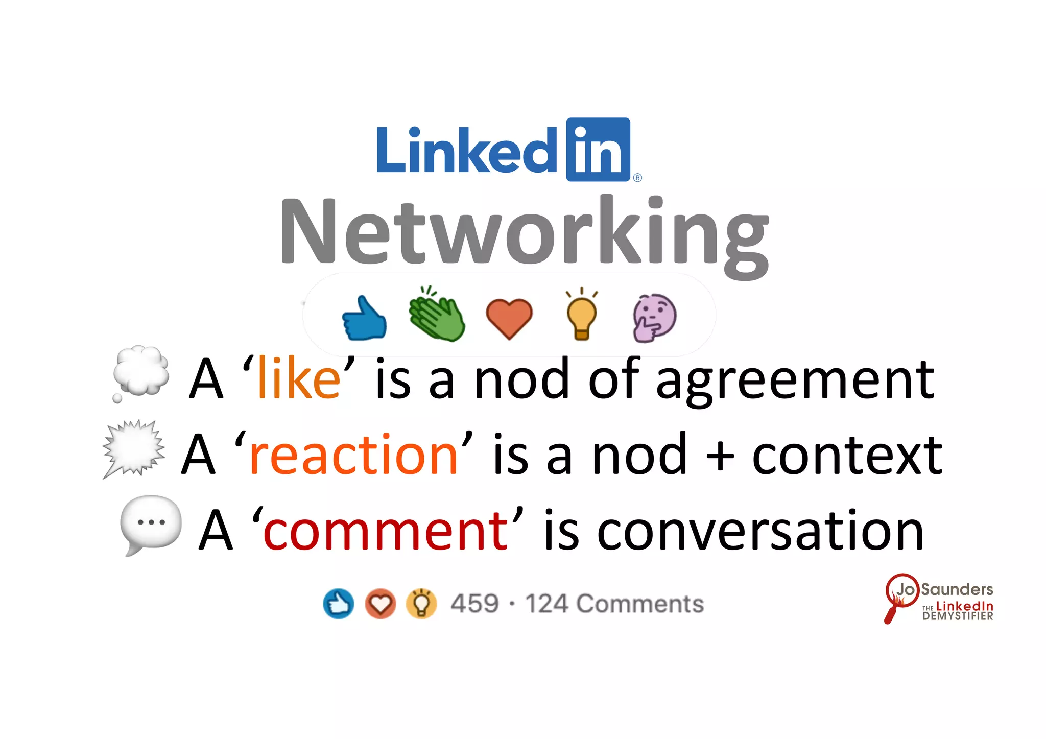 Networking
💭 A ‘like’ is a nod of agreement
🗯 A ‘reaction’ is a nod + context
💬 A ‘comment’ is conversation
 