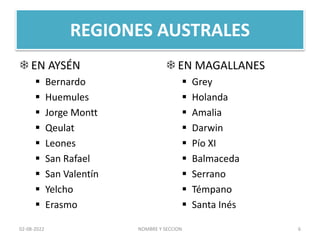 REGIONES AUSTRALES
 EN AYSÉN
 Bernardo
 Huemules
 Jorge Montt
 Qeulat
 Leones
 San Rafael
 San Valentín
 Yelcho
 Erasmo
 EN MAGALLANES
 Grey
 Holanda
 Amalia
 Darwin
 Pío XI
 Balmaceda
 Serrano
 Témpano
 Santa Inés
NOMBRE Y SECCION 6
02-08-2022
 