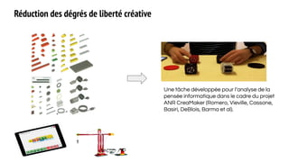 Réduction des dégrés de liberté créative
Une tâche développée pour l’analyse de la
pensée informatique dans le cadre du projet
ANR CreaMaker (Romero, Vieville, Cassone,
Basiri, DeBlois, Barma et al).
 