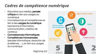 Cadres de compétence numérique
- Education aux médias, pensée
critique en lien aux usages du
numérique
- Connaissances et compétences en
lien à des usages du numérique
(recherche d’information,
communication, création de
contenu)
- Connaissances informatiques
- Compétences transversales
(pensée informatique, résolution de
problèmes, ….), en lien aux usages
du numérique
DigComp 2.0
 