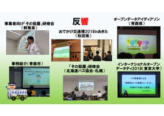 反響
「その筋屋」研修会
（北海道バス協会・札幌）
事業者向け「その筋屋」研修会
（群馬県）
インターナショナルオープン
データディ2018（東京大学）
オープンデータアイディアソン
（青森県）
おでかけ交通博2018inあきた
（秋田県）
事例紹介（青森市）
 