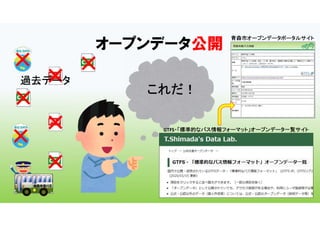 オープンデータ公開
これだ！
×
×
×
×
×
× ×
青森市オープンデータポータルサイト
GTFS・「標準的なバス情報フォーマット」オープンデータ一覧サイト
過去データ
 